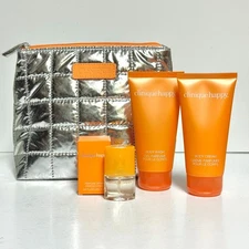 NEW CLINIQUE HAPPY 4pc Travel Set Mini Spray Perfume .14oz Body Wash Cream Bag