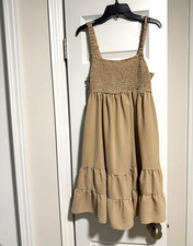Women’s Beige Sleeveless Square Neck Smocked Ruffle A-Line Short Sundress