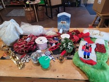 Large Christmas Craft Decor Lot: Ribbons, Bells, Stockings, Ornaments