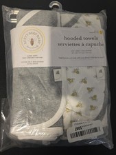 Baby Girl Boy New Burt's Bees 2pc Gray/White Bee Organic Hooded Towel Set NIP