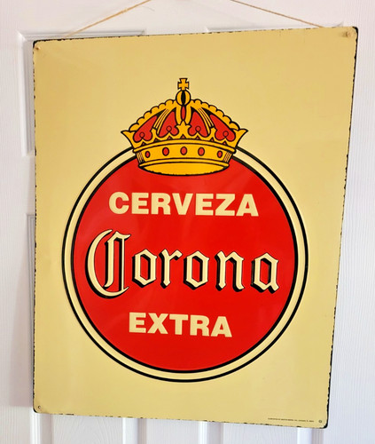 CORONA EXTRA CERVEZA LARGE METAL EMBOSED BEER SIGN TIN 26"x 21" MAN CAVE ITEAM !