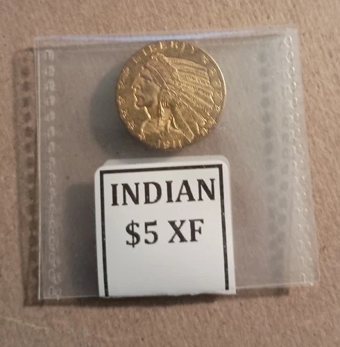U.S. 1911 Indian Head Five Dollars Gold Coin Half Eagle $5