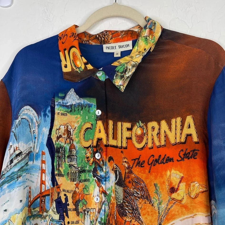 Blusa Top Nicole Taylor Vintage Seda Abotonada California Artística Con Cuentas Talla 1X Foto 2 de 4
