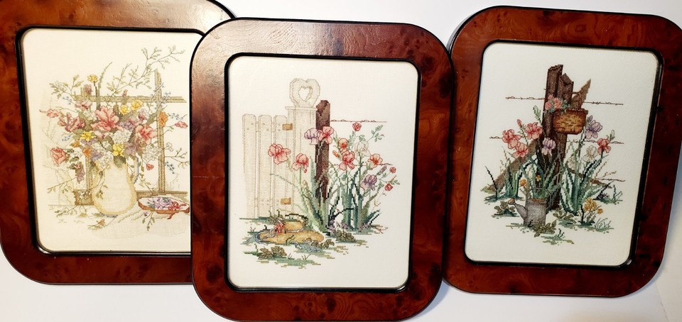 Vintage Needlepoint Wall Art Set of 3 Framed Handmade Estate Cottage Decor