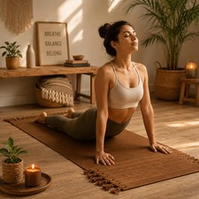 Brown Organic Cotton Yoga Mat 2x6 Ft Handmade Meditation Rug Reversible Dhurrie