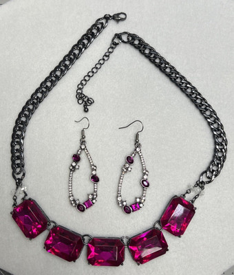 Vintage Fun Bright Big Fuchsia Pink Gem Necklace Dangle Hook Earrings Lot
