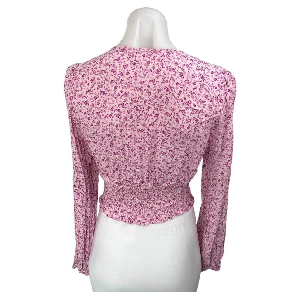 ASTR The Label Pink Floral Long Sleeve Lace Trim Smocked Crop Blouse Top Sz L - Image 2 of 4