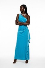 Blue One Shoulder Sleeveless Formal Bridesmaid Evening Gown Dress