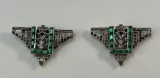 Antique ART DECO Silver Tone Green/Clear Dress Scarf Sweater Shoe Clips READ