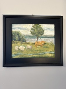 Oil painting of pastoral landscape with sheep and cattle