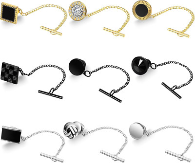 Misdary 9 Pcs Tie Tacks for Men Tie Pin with Chain Black Silver Gold Tie Tack Cl