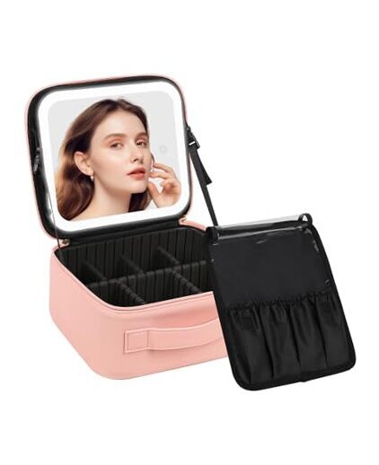 Makeup Bag with LED Mirror, Travel Makeup Case for Women and Standard B-Pink