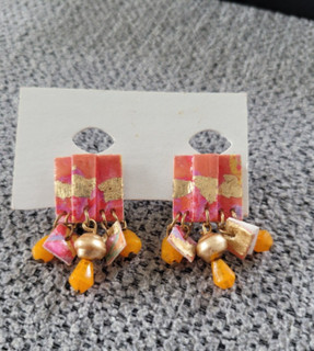 Vintage Handmade Earrings 80s 90s Pink and Gold Dangle Drop