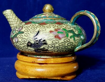 Fabelhafte verzierte Miniatur Teekanne mit Ständer (hellgelb - Vogel / Blume Design)