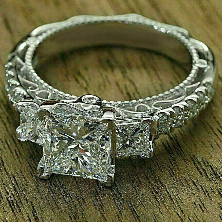 2Ct Princess Cut lab Created Diamond Halo Engagement Ring 14k White Gold Plated