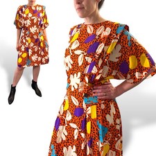 Orange Blue 80s Vintage Silk Abstract Floral Dress Boxy Dolman Short Sleeve
