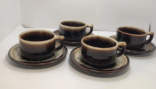 Pfaltzgraff Coffee Mugs With Saucers Gourmet Brown Drip Glaze Set of 4 Vintage