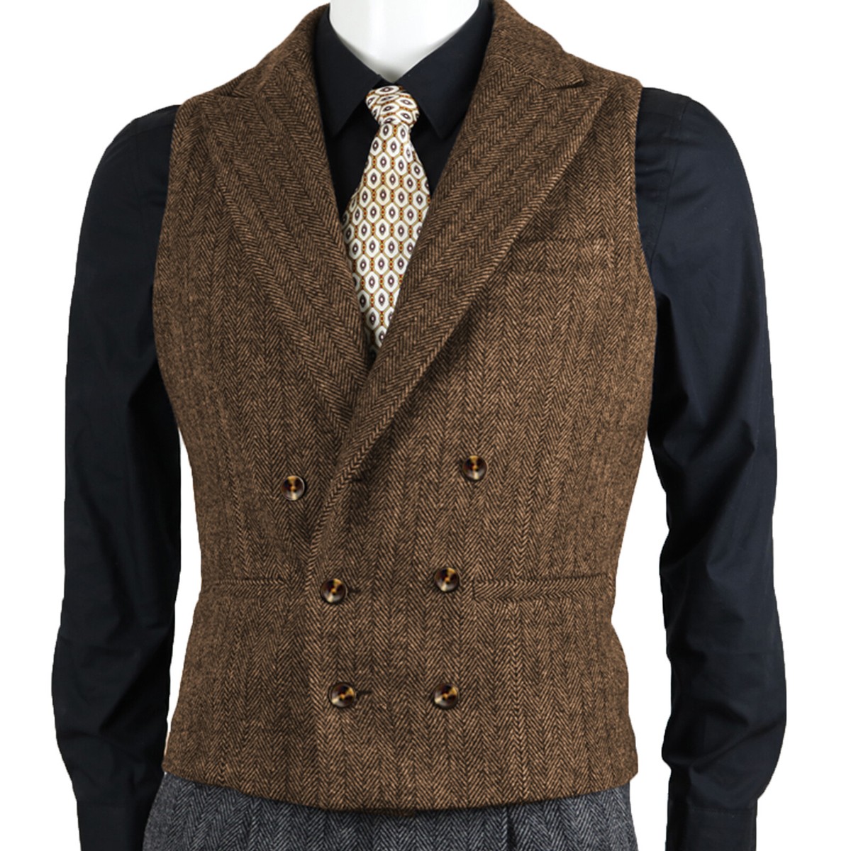 Men Double Breasted Tweed Vest Herringbone Waistcoat Wedding