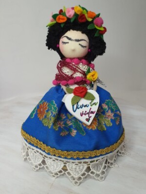 Puppe von Frida Kahlo Handarbeit, 20cm, Wolle, Stoff, Spitze, Leinenstoff