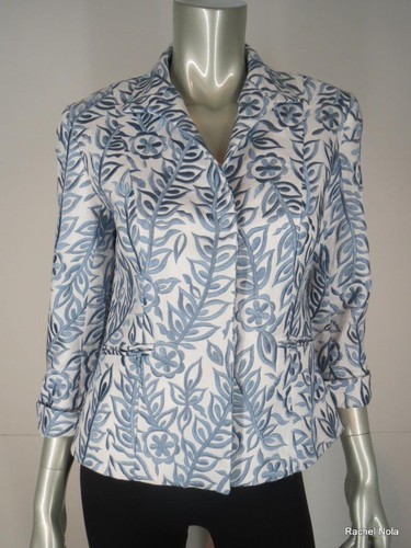 Chaqueta Blazer Lafayette 148 Talla 2 XS $548 Blanco Azul Lino Bordado Manga 3/4 - Imagen 12 de 12