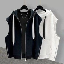 Hooded Vest Men Trend Zipper Side Slit Sleeveless Tank Top Trackwear Fitness Tee