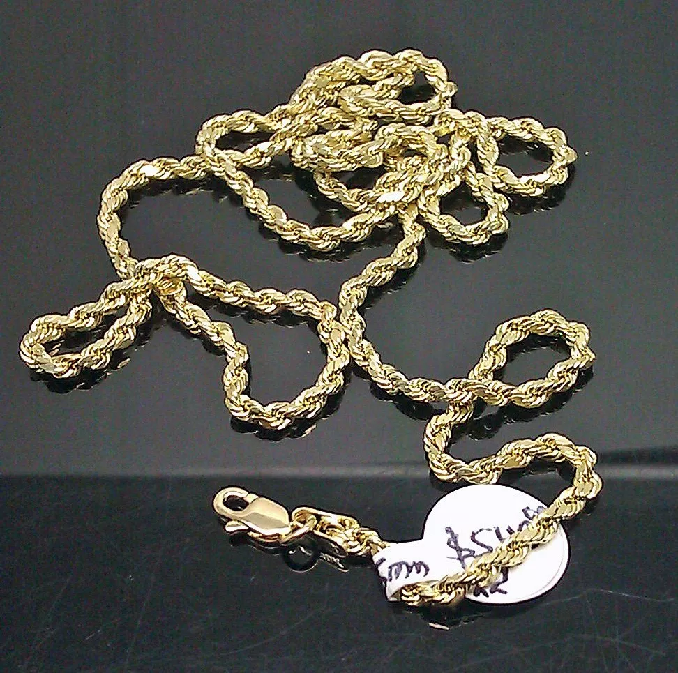 Real 10k Yellow Gold Rope Chain Necklace, Diamond Cuts 21 Inch 2.5mm,Lobster