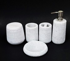 5 PC SET PEARL WHITE STRIPED SPARKLY MARBLE ONYX SOAP DISPENSER+DISH+TUMBLER+2