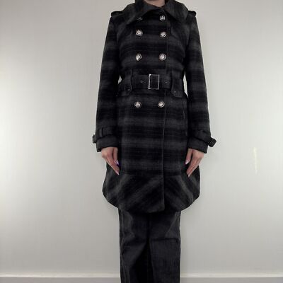 Y2K Vintage Miss Sixty Langer Trench Dufflecoat aus Wolle mit Gürtel Tartan
