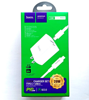 Hoco C80 Dual-Port Quick Charger Set Type-C + USB-A 20W PD & QC3.0 Fast Charger
