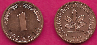 GERMANY FEDERAL 1 PFENNIG 1995-J UNC OAK SEEDLING ABOVE THE DATE CIRCULAR LEGEND