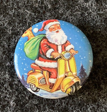 Vintage Santa Claus Riding Vespa Scooter Button Lapel Pin Christmas