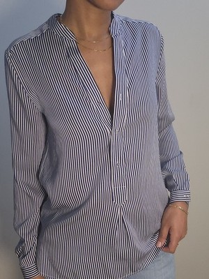 Mango MNG Suit Navy Blue Striped Button Up Shirt Silver Buttons Size Small