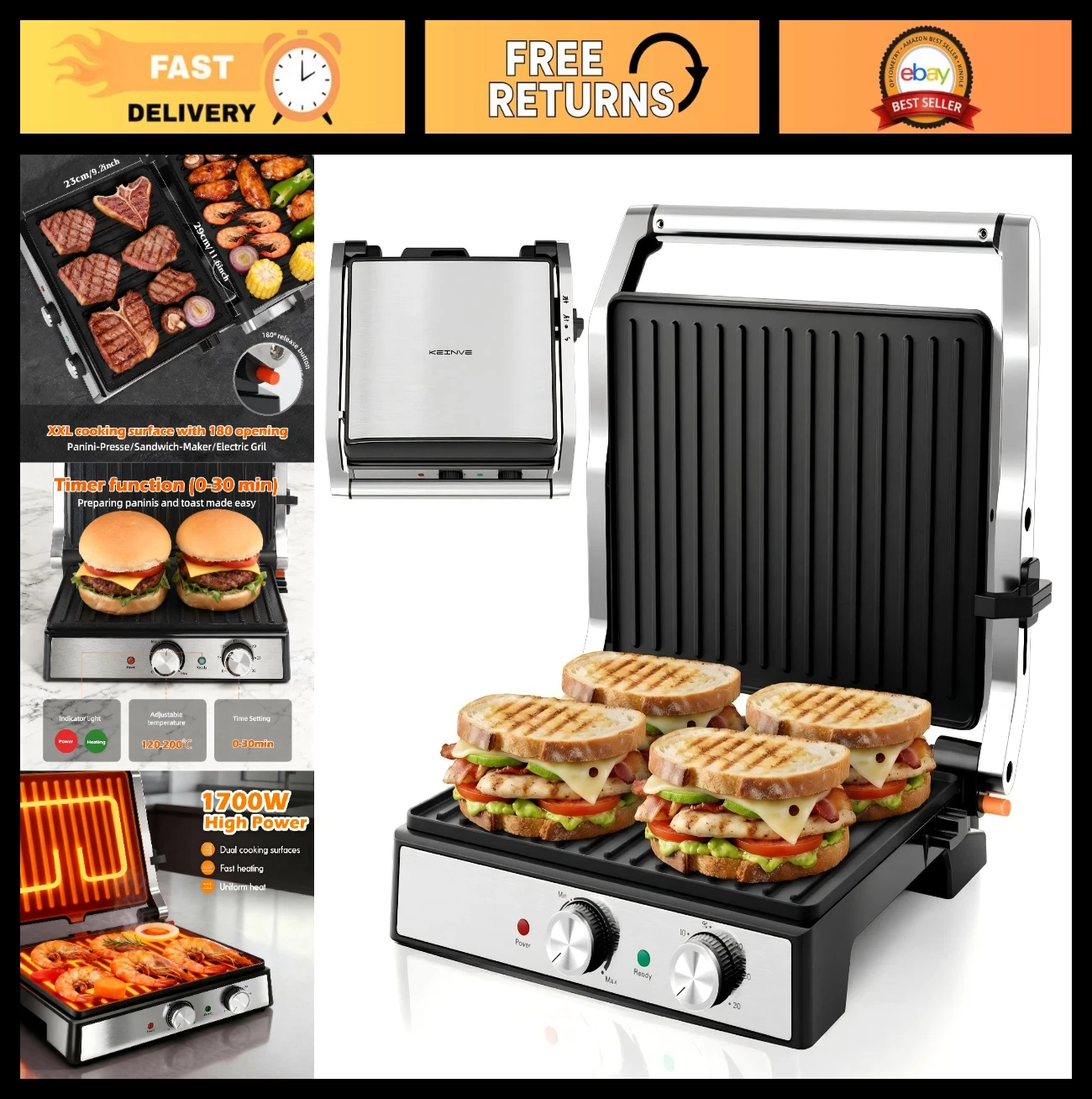 1700W Panini Press Sandwich Maker with Temp Control, 4-Slice Non-Stick Grill, 18
Opens in a new wind