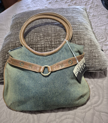 Dolce Vita light blue denim handbag with brown leather accents and floral embroi