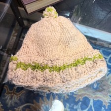 Hand-Knit Chunky Wool Beanie Cream Sage Green Pom Pom Winter Hat