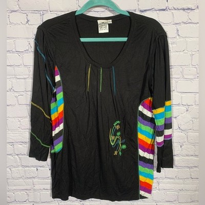 Parsley & Sage Womens Scoop Neck Rainbow Black Top Sz L Artsy Teacher Lagenlook