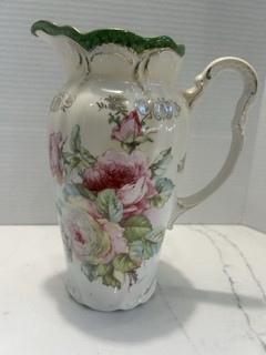 Vintage Porcelain Chocolate Pot No Lid Rose Decoration in Greens & Pinks