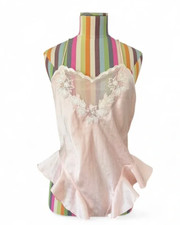 Vintage St Bernard Satin Teddy Romper Mesh Low Back Floral Appliqu