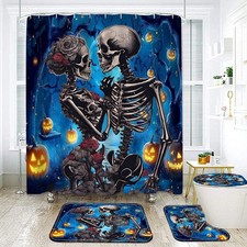 Halloween Bathroom Shower Curtain Set,4 Pcs Skeleton Lovers Gothic Skull Bath...