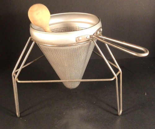 Vintage Aluminum Cone Sieve Colander Strainer with Stand and Wood Pestle
