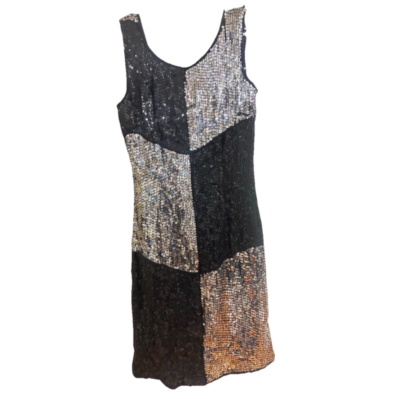 Vintage 100% Silk Sequin Patchwork Black Silver M… - image 1