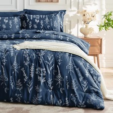 Navy Blue Full Comforter Set, Elegant Floral Print Bed in a Bag 7 Pieces, Ultra