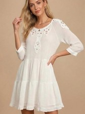FREE PEOPLE Ivory White Sz Medium Crocheted Lace Tiered Gauze Babydoll Dress