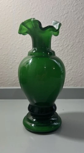 Fenton Ivy Green Overlay 6.5” Tri Crimp Vase