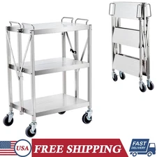 3-Tier Rolling Service Cart Stainless Steel Foldable Utility Cart with Wheels