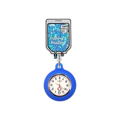 IV bag-shaped dry shaker badge reel filled with sparkling blue glitter and a...