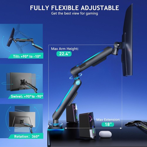 Heavy Duty Single Monitor Mount with RGB Light, Height Adjustable Arm for 17'... - 第 3/6 張圖片