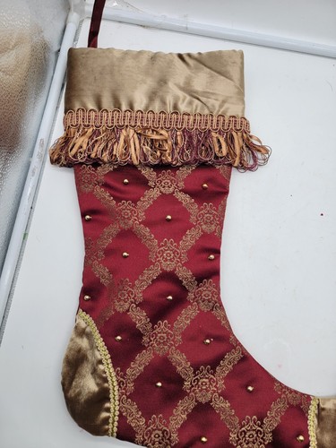 CHRISTMAS STOCKING IN CRANBERRY AND GOLD - FRINGE ON TRIM - 20" - Picture 2 of 5