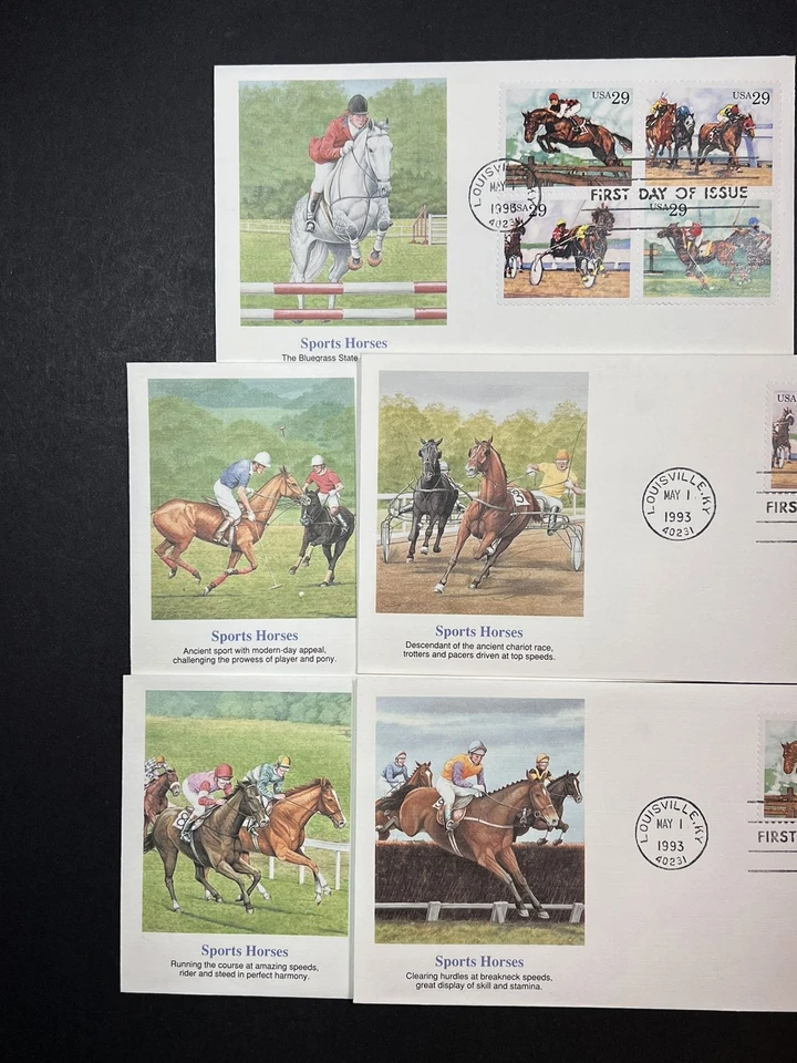1993 Sporting Horses Sc 2756-2759a FDCs set of 5 Fleetwood premium cachet UA - Image 2 of 3