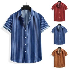 Men's Short Sleeve Casual Slim Cotton Button Down Summer Holiday Striped Shirts
